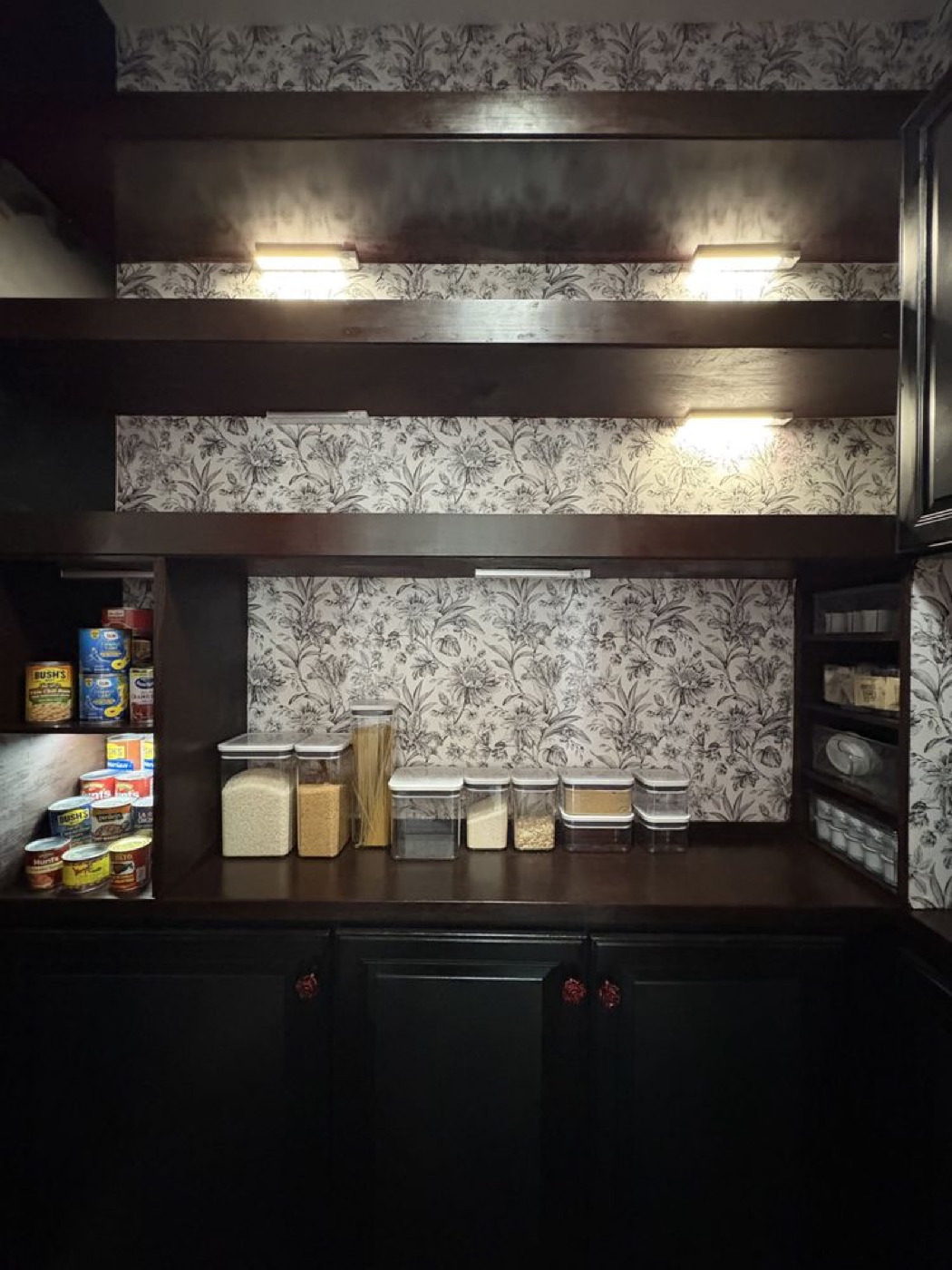 Pantry shelving with under-shelf lighting